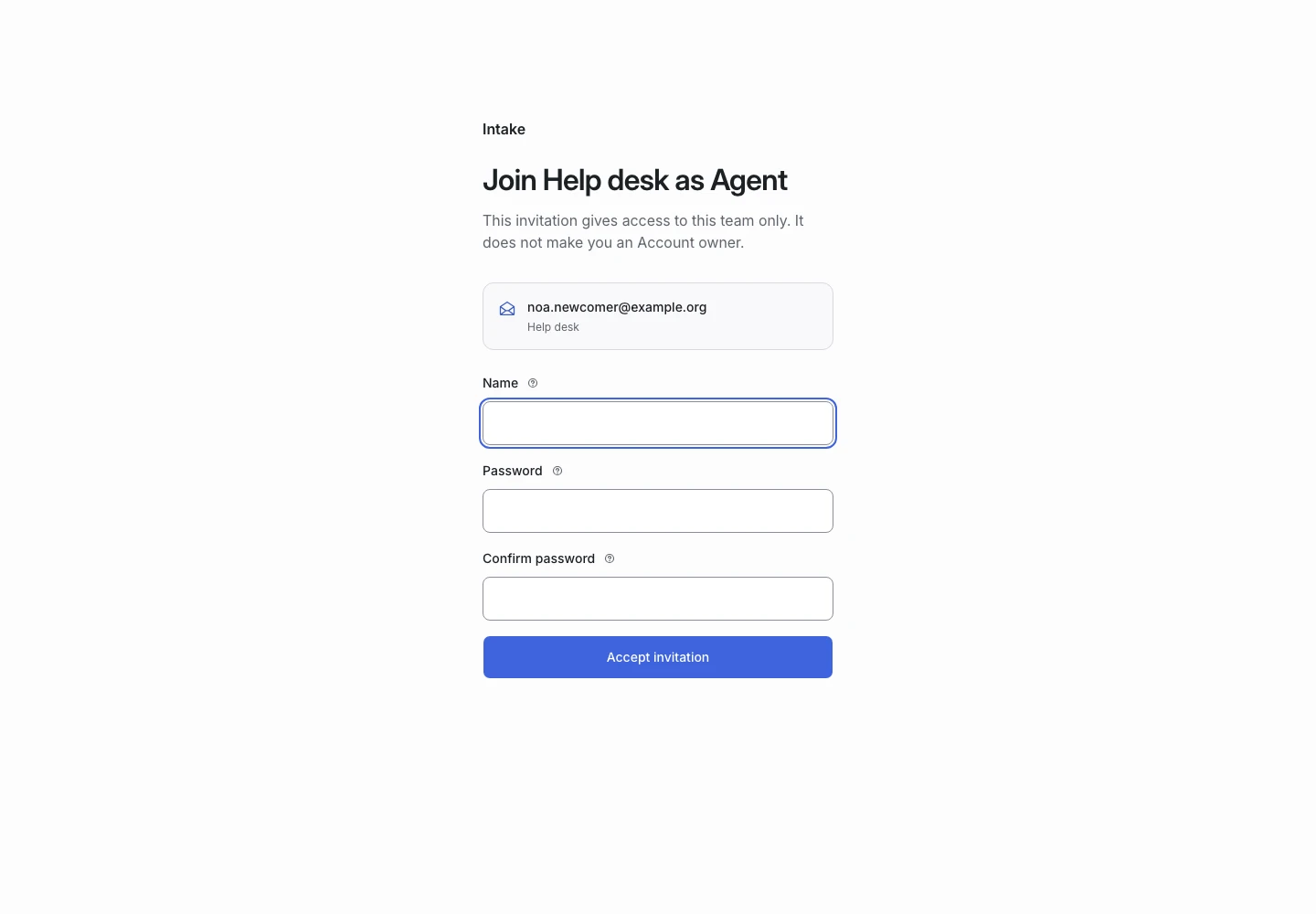 A new user accepts an invitation and creates a password.
