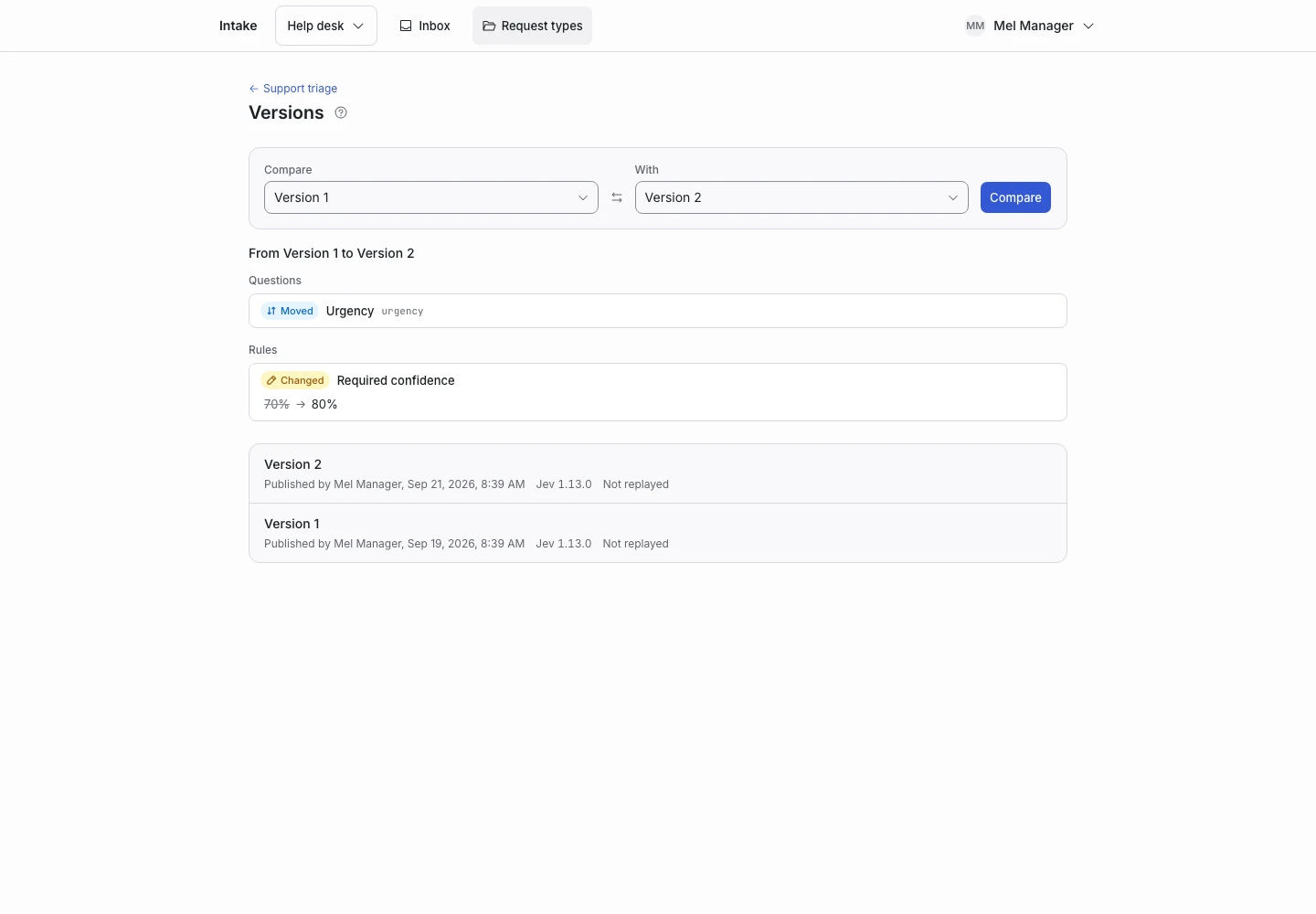 The comparison screen shows changes between two published versions.